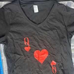 Black V-Neck T-Shirt with Red Queen of Hearts Design